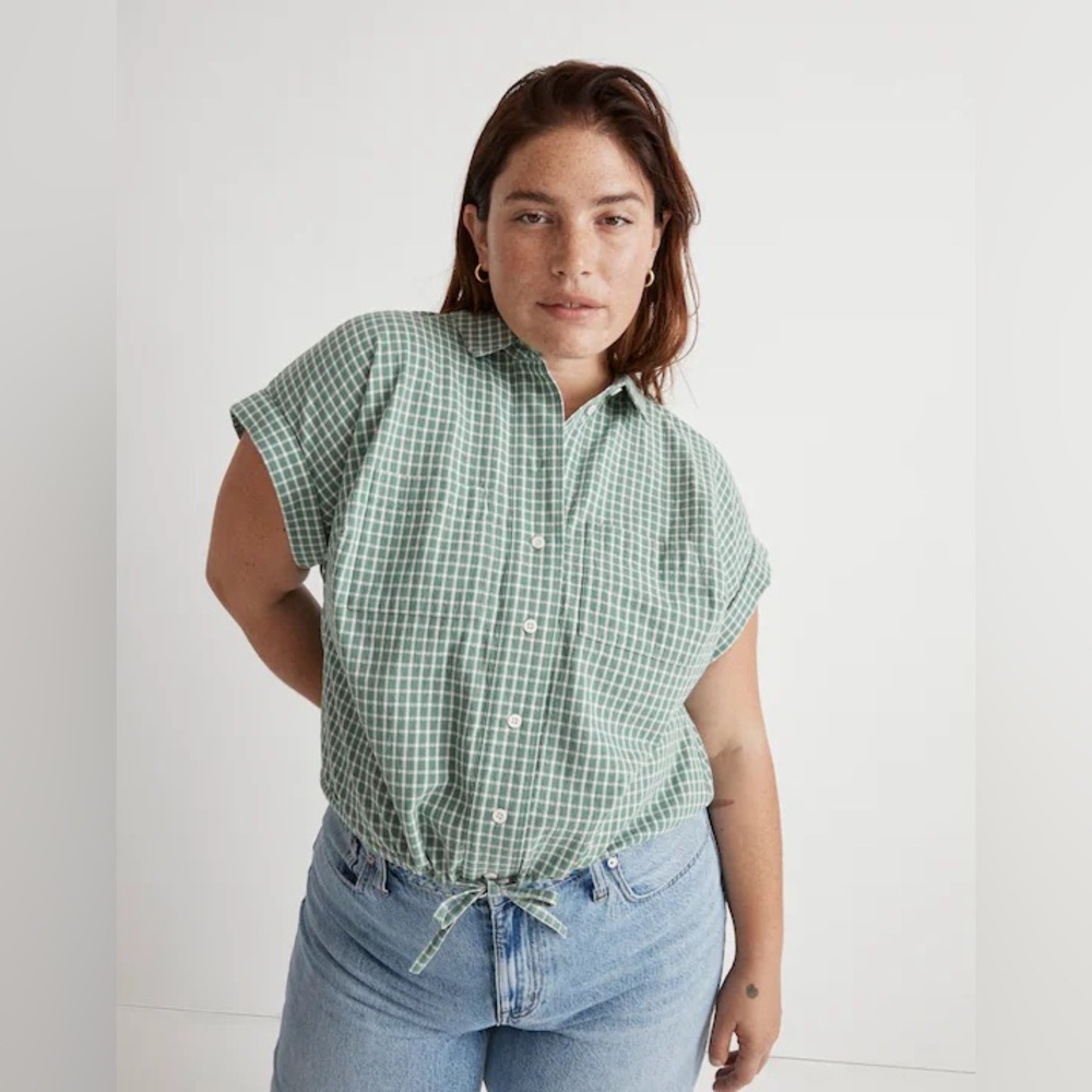NWT Madewell Button-Up Drawstring Shirt in Yarn-Dyed Plaid - Green - Plus 2X